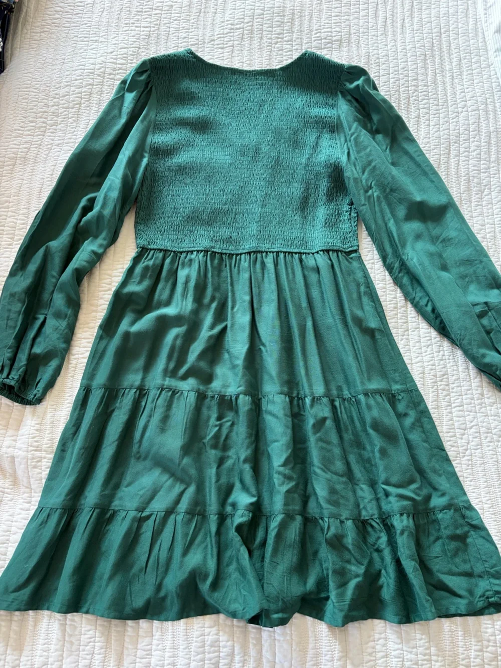 Smocked Bodice Long Sleeve Teal Dress